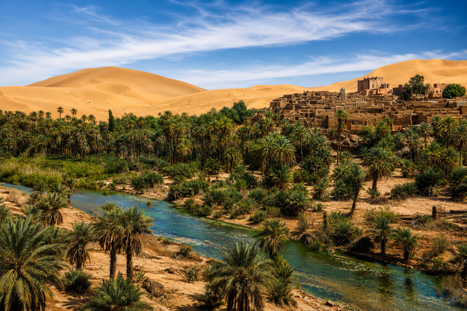 Oasis verdoyante et ksar traditionnel dans le Sahara algerien
